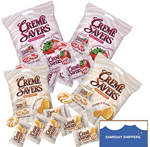 51ZmKXMO8L.jpg CREME SAVERS | Classic Original Individally Wrapped, Strawberries and Creme and Orange and Creme Hard Candy | 4 - PACK Variety & Sameday Shippers Card| - Image 1