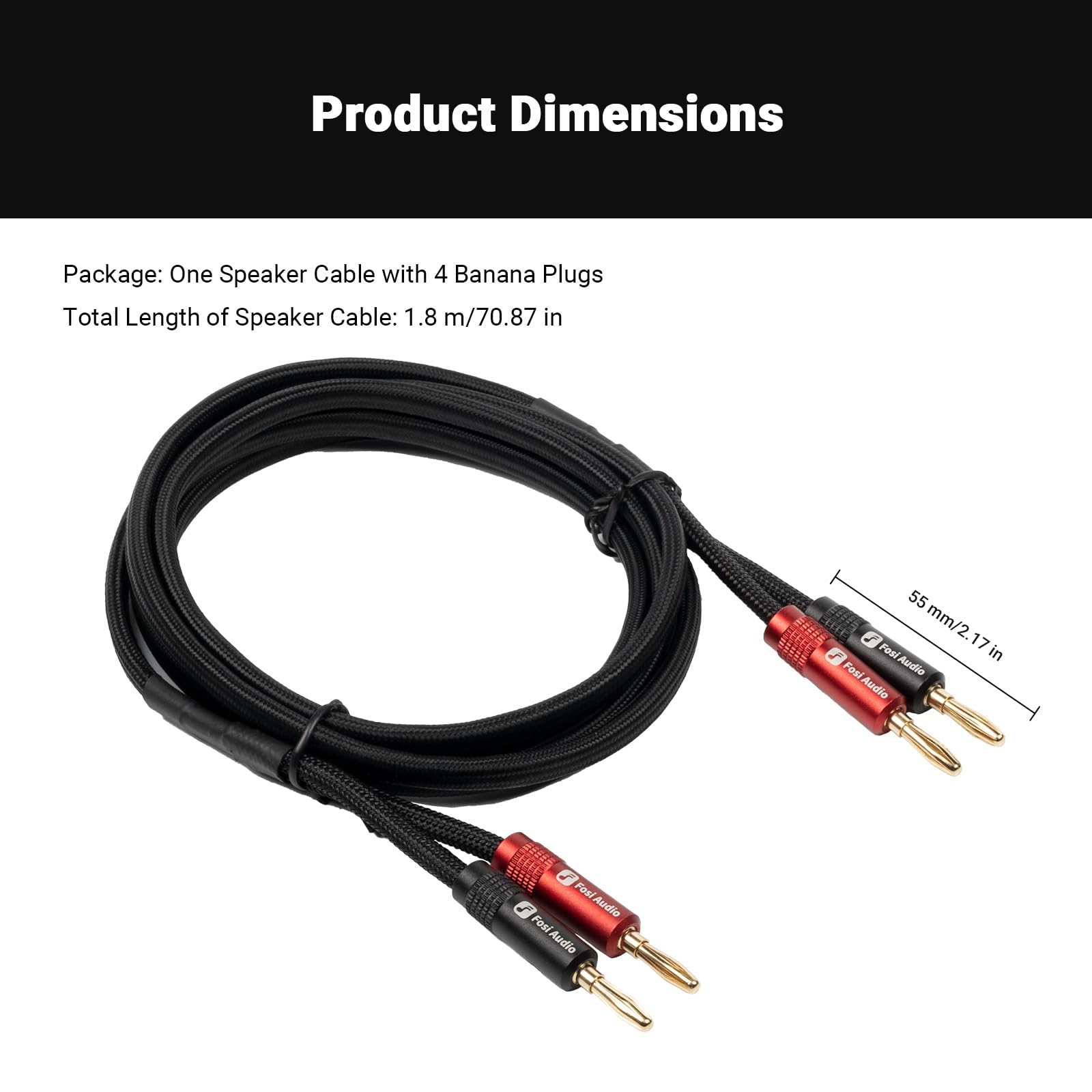 612bNwa2UlL Fosi Audio 14AWG Braided Speaker Wire 5.9Ft, 1 Pack Pair Cable with 4 Gold Plated Banana Plugs, Black Cables for Home Audio Stereo Amplifier/Receiver/Bookshelf/Passive Speaker (1.8m/70.87in) - Image 1