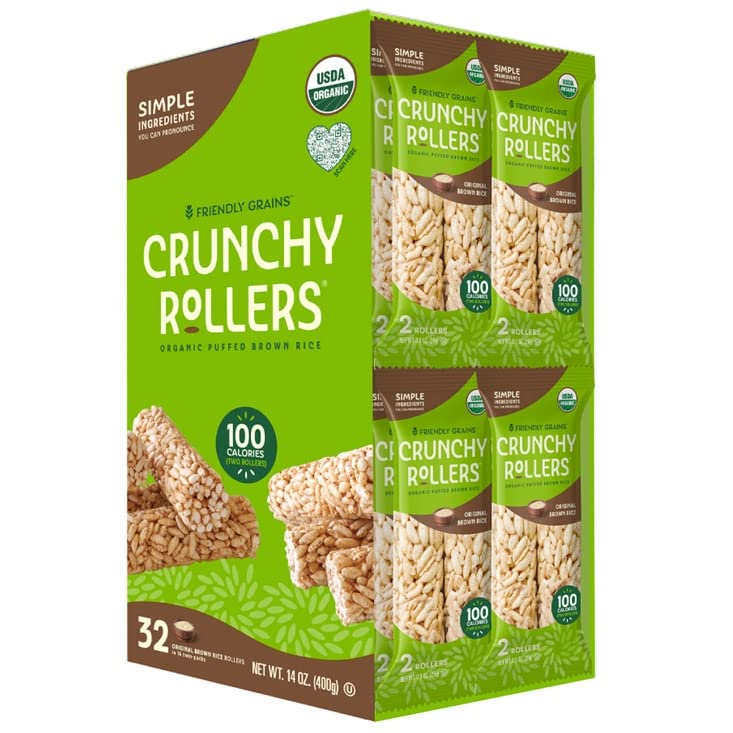 61taUG7YCqL.jpg Friendly Grains - Crunchy Rollers - Organic Rice Snacks, Crispy Puffed Rice Rolls, Healthy Snack Rolls for Adults and Kids - Original Brown Rice (16 packs of 2) - Image 1