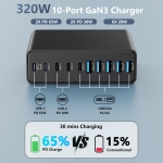 320W USB C Charger Block, 10-Port USB C Charging Station GaN III PD 65W Laptop Fast Charger Adapter for MacBook Pro/Air, DELL, iPad, iPhone, Samsung Galaxy Black - Image 3